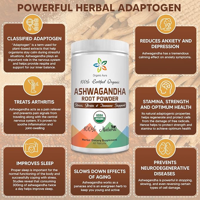 Certified Organic Ashwagandha Root Powder 16Oz -1Lb. Natural Stress, Brain and Immune Support. Enhances Overall Health. Raw Superfood. 100% Natural Herbal