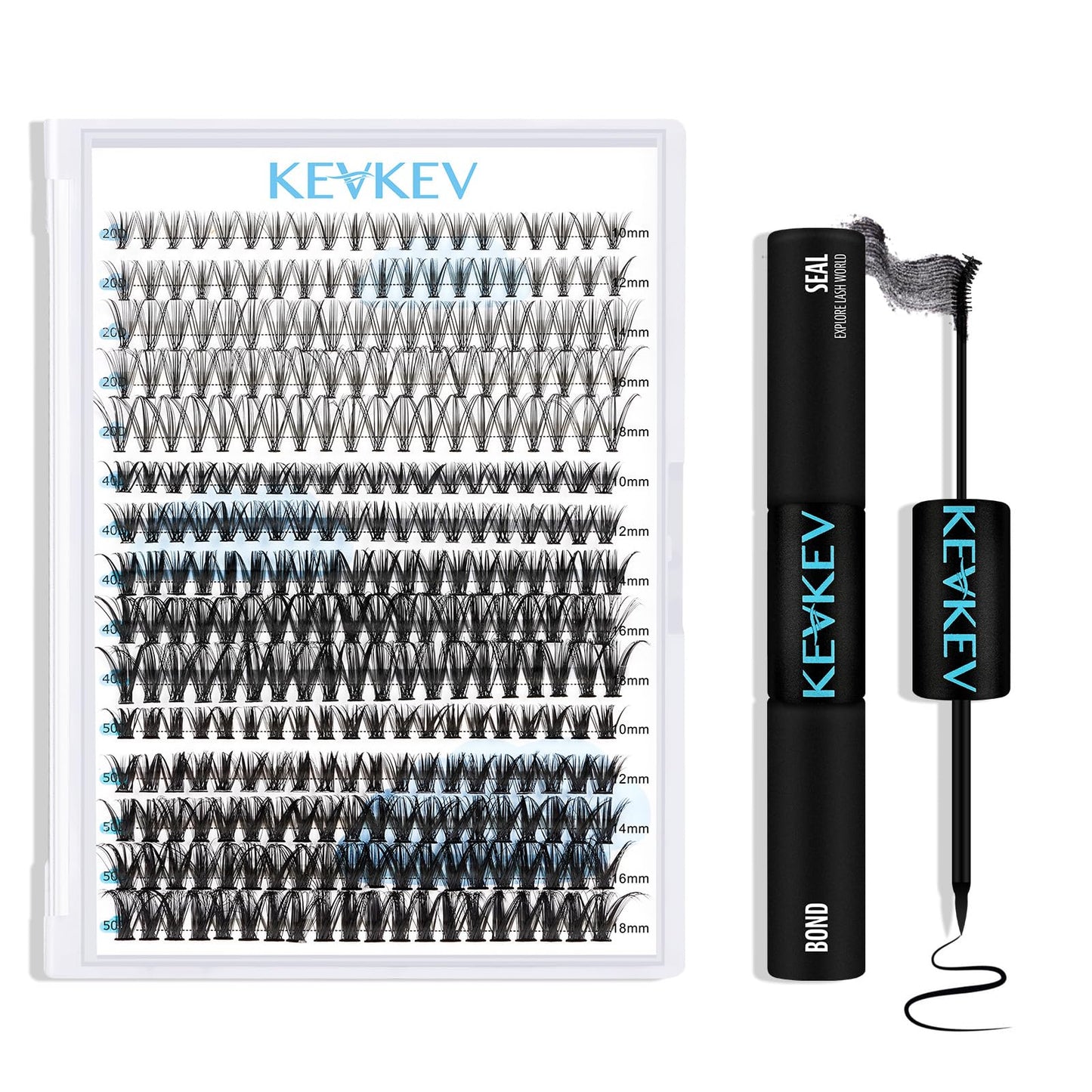 KevKev 300 Pcs Lash Clusters Individual Lashes 20D+40D+50D Cluster Lashes+KevKev Lash Bond & Overnight Sealer for Lash Clusters