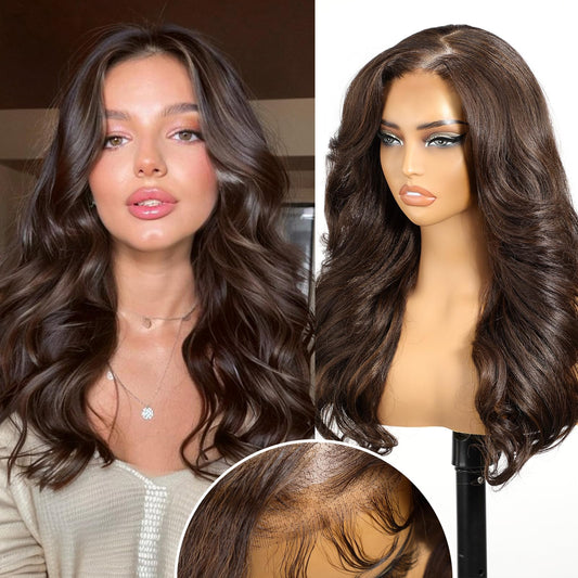 KOME Natural Brown Synthetic Lace Front Wig,5×5 Body Wave Pre Plucked Glueless Wigs for Women Daily Use 22IN