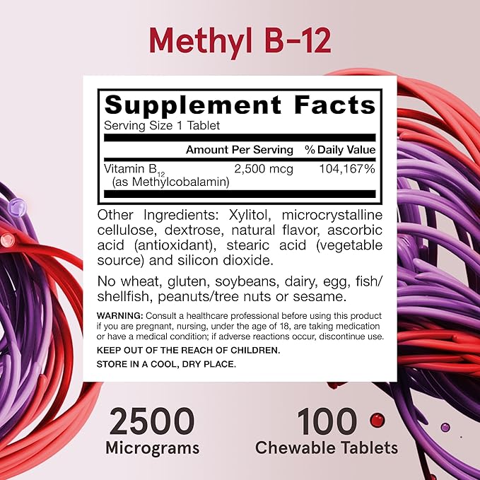 Jarrow Formulas Ultra Strength Methyl B-12, Dietary Supplement for Cellular Energy Production, 100 Tropical-Flavored Chewable Tablets, Up to a 100 Day Supply