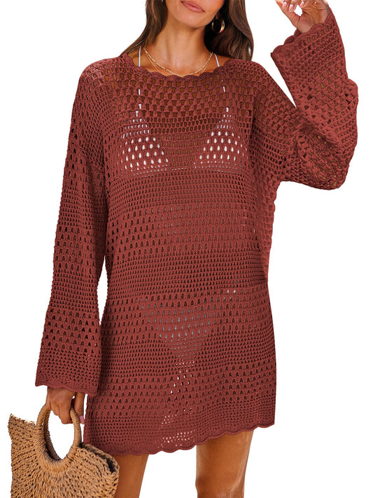ANRABESS Women Swimsuit Crochet Swim Cover Up 2024 Summer Bathing Suit Swimwear Mesh Knit Beach Dress Vacation Outfits Red Small