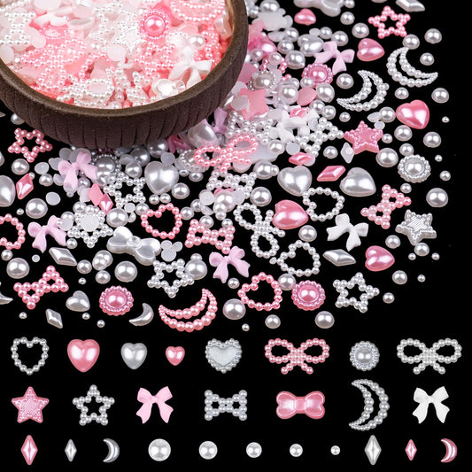 600Pcs 3D Multi Shapes Nail Charms and Flatback Pearls, White&Pink Mix Styles Heart Star Bow Sunflower Embellishments for Nail Art, Craft and Decoration with Tweezer and Pickup Pencil