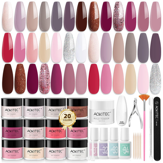 Aokitec 36 Pcs Dip Powder Nail Kit Starter, 20+1 Clear Nude Pink Brown Glitter Colors Dipping Powder Set with Dip Base Activator Top Coat Brush Saver Dip Liquid Set Clear Build Powder for Salon Gift