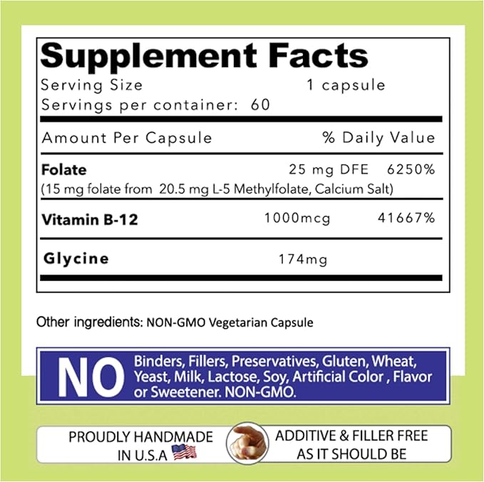 L-Methylfolate 15 mg + B 12 (1000 mcg) - 60 Capsules - Methylated & Glycine - Boost Mood, Energy & Memory - Immune Support & Vitamin Supplement for Men & Women - Non-GMO, Vegetarian Capsules