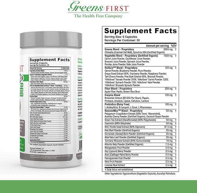 Greens First PRO Phytonutrient Capsules - 30 Servings - 54 Antioxidant Superfoods, Organic Fruits & Vegetables - Prebiotics, Probiotics & Digestive Enzymes - Dairy & Wheat-Free, Non-GMO - 180 Capsules