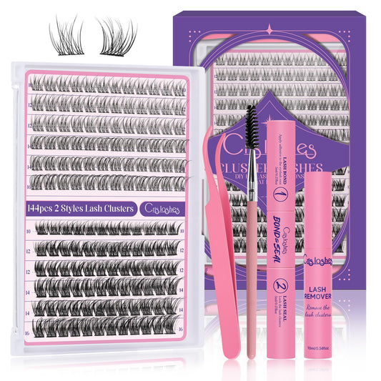 Crislashes-DIY-Lash-Extension-Kit, 144Pcs D Curl Lash-Clusters Mix 10-16mm Reusable Lash-Cluster-Kit with Lash Bond and Seal Remover Tweezers Brush for DIY at Home Natural Look(Tender01 Mix10-16mm)