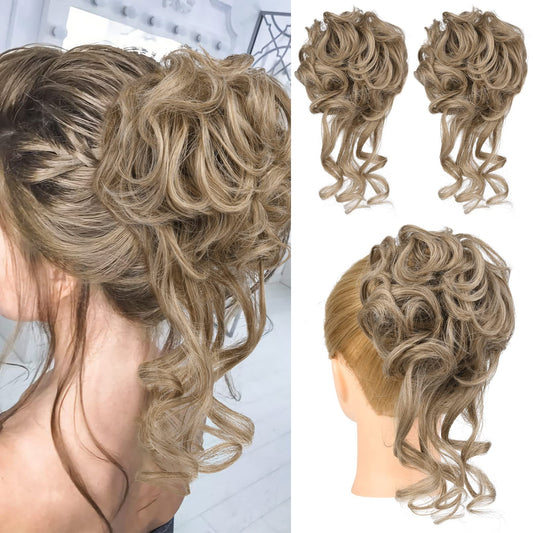HOOJIH 2PCS Messy Bun Hair Piece, Tousled Updo with Tendrils Hair Bun Extensions Wavy Curly Hair Wrap Ponytail Hairpieces Hair Scrunchies for Women HB010 Dasiy - Ash Brown