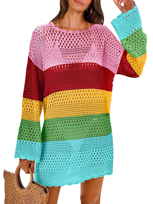ANRABESS Women Swimsuit Crochet Swim Cover Up 2024 Summer Bathing Suit Swimwear Mesh Knit Beach Dress Vacation Outfits Rainbow Stripe Small