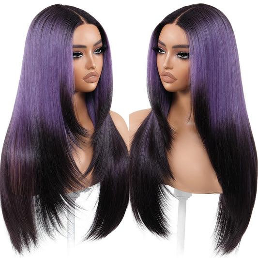 BrownBomb Ombre Purple Black Wear and Go Glueless Wigs Pre Plucked Pre Cut for Beginners Synthetic Lace Front Wig with Bangs Long Straight layered Wig HD Lace 26 Inch 3 Seconds to Wear for Beginners