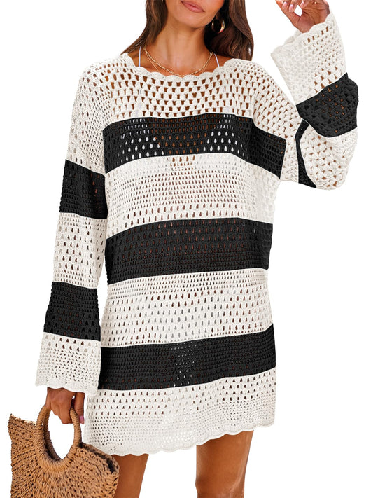 ANRABESS Women Swimsuit Crochet Swim Cover Up 2024 Summer Bathing Suit Swimwear Mesh Knit Beach Dress Vacation Outfits Black Whit Stripe Small