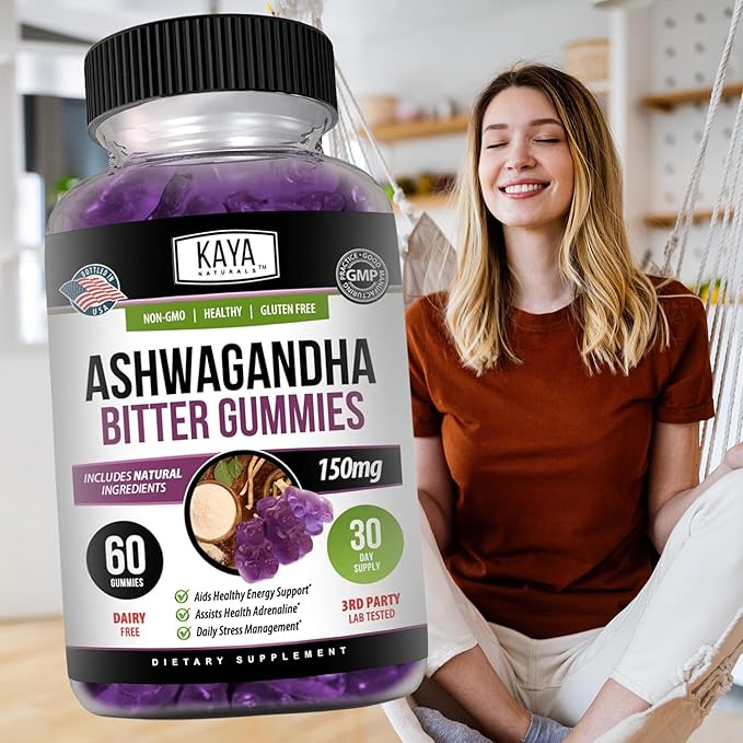 Kaya Naturals Ashwagandha Bitter Gummies - Natural Stress Relief, Boost Energy & Mental Clarity, Non-GMO, Gluten-Free, Chewable Gummies - 60 Count
