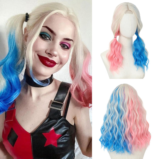 BUPPLER Pink and Blue Wig 18 Inch Medium Length Wigs for Women Middle Part Synthetic Hair Wavy Wig with Upgraded Strands,Natural Hair Wig for Daily Party/Halloween Use 18Inch,Pink and Blue