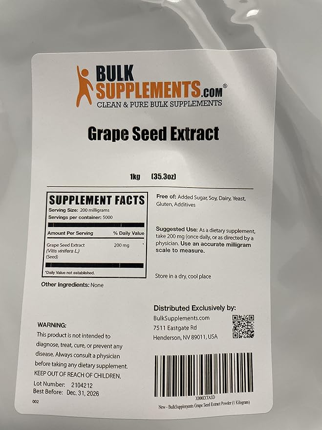 BulkSupplements.com Grape Seed Extract Powder - Grape Seed Extract Supplement, Antioxidant Source - Herbal Supplement, Gluten Free, 200mg per Serving, 1kg (2.2 lbs) (Pack of 1)