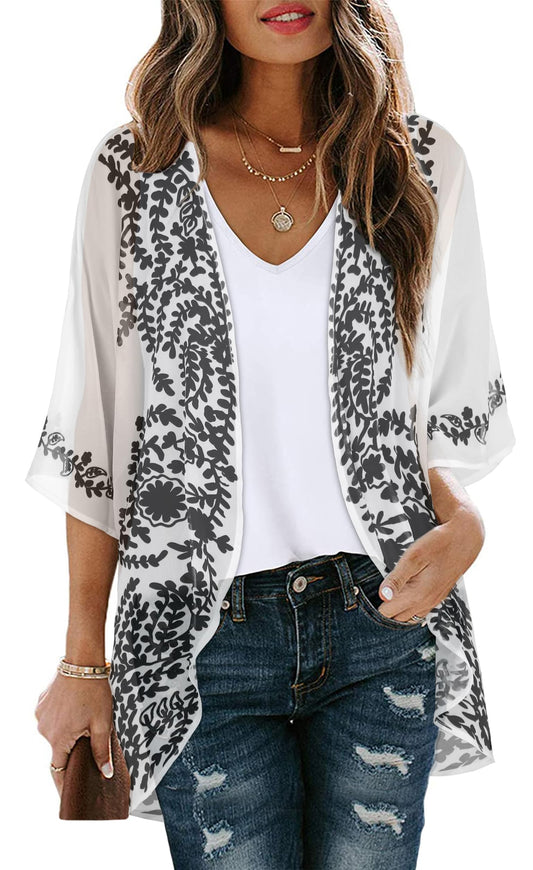 Bathing Suit Cover Up Summer Kimono Cardigans Swimwear Holidays Shirts Casual Tops (C White Flower, S)