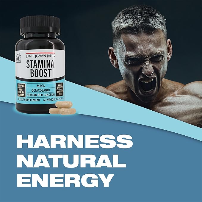 JungKwanJang Men's Stamina Boost with Korean Red Ginseng, Maca, and Octacosanol for Men's Health and Energy Supplement, 60 Capsules