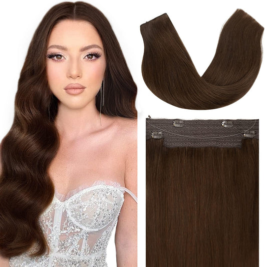 Anrosa Fish Line Hair Extensions Real Human Hair Chocolate Brown Color 4 Hidden Wire Hair Extensions Headband Adjustable Size Removable Secure Secret Extensions Human Hair 14 Inch 75g
