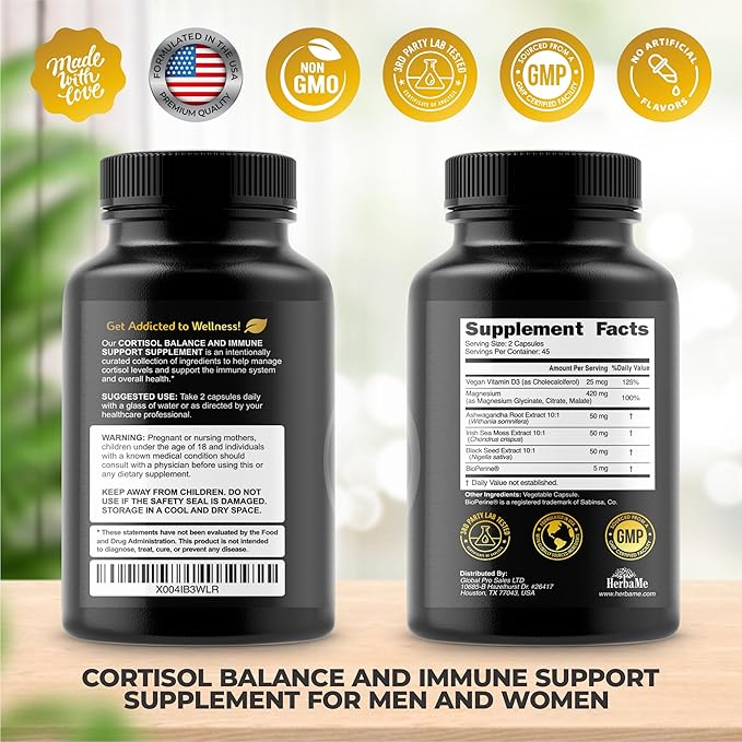 Cortisol Balance and Immune Support Supplement with Ashwagandha, Irish Sea Moss, Black Seed, Vitamin D and Magnesium Complex | Mood Enhancer | Immunity Booster | Stress Relief Pills | 90 Capsules
