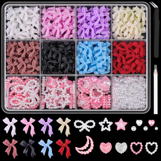 600 Pcs 3D Nail Charms and Flatback Pearls Set 6, 8 Colors Nail Bows Charm + Pink&White Star Heart Moon Cute Nail Jewels + 2-4mm White Nail Pearls for Nail Art DIY Decoration with Pickup Tools