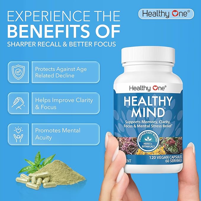 Healthy Mind - Safe for Teens - Brain Fog - Cognitive Function - Concentration - Focus - Neural Optimization - Mood - Ginkgo Biloba - Ginseng - Rhodiola - Bacopa - Gotu Kola - Green Tea - 60 Count