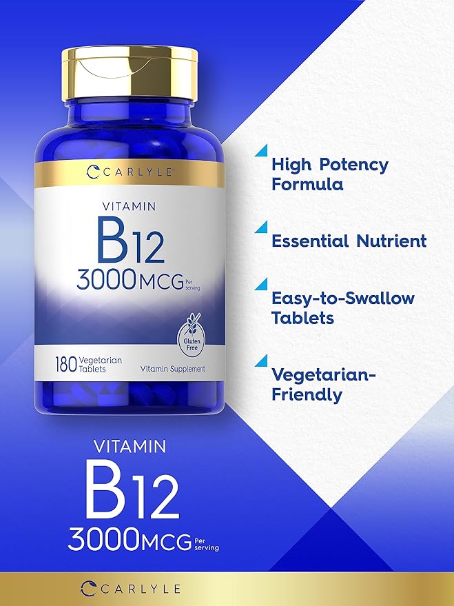 Carlyle B12 Vitamin 3000 mcg | 180 Tablets | Vegetarian Supplement | Non-GMO & Gluten Free