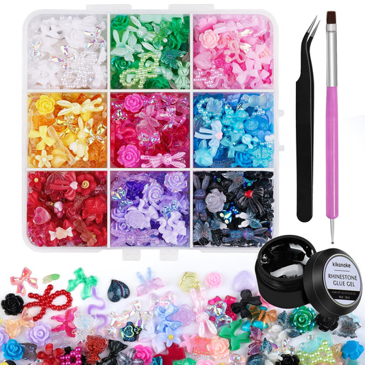 Kikonoke 3D Nail Charms Set Colorful Flower Butterfly Bow Rabbit Nail Gems for Nail Art, Craft and Decoration with Nail Rhinestone Glue, Tweezer and Brush (Rainbow)