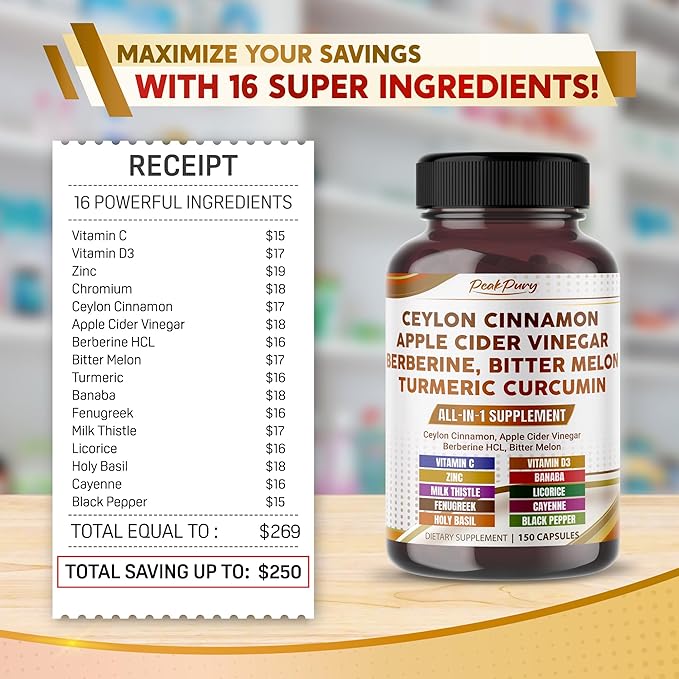 Ceylon Cinnamon Apple Cider Vinegar Berberine Bitter Melon - Made in USA