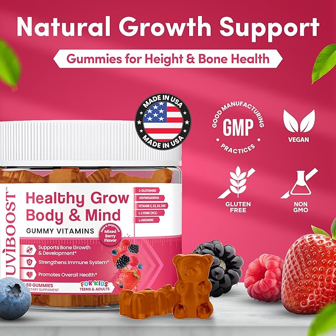 Healthy Grow Height Growth Gummies Rich in Calcium, Vitamins C, D3, K2, L-Arginine, Ashwagandha, and Others, Boost Bone Health & Immunity, Multivitamin, for Kids 5+, Teens and Adults.