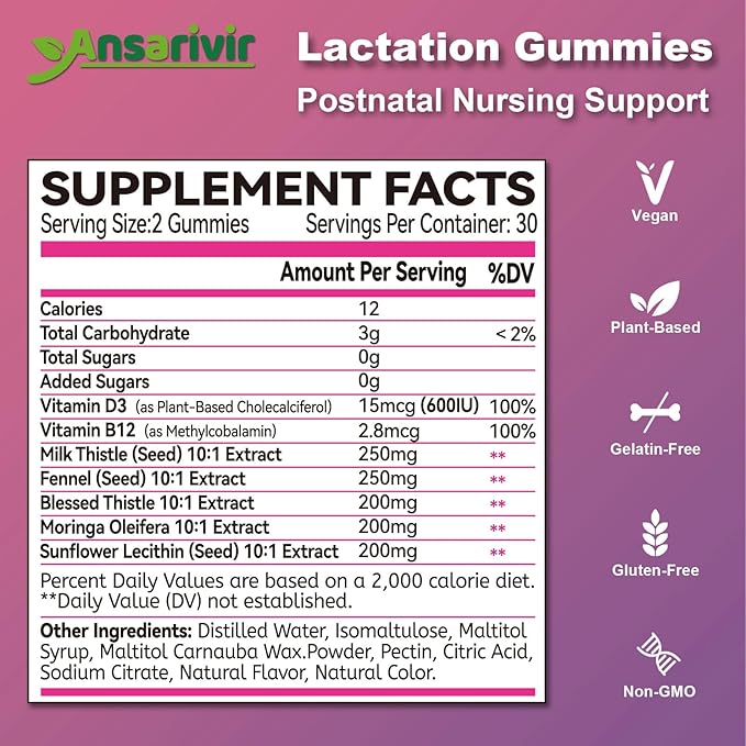 Lactation Supplement Gummies – Powered by Moringa, Fennel, Sunflower Lecithin, Milk Thistle, Blessed Thistle, plus Vitamins D3 & B12 – 60 Gummies for Breastfeeding Support & Milk Supply Boost
