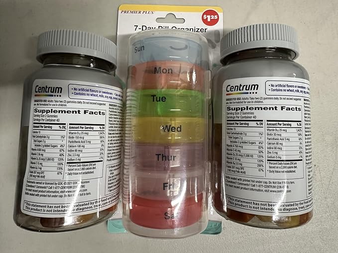 Bundle of 7 Day Pill Organizer wtith MultiGummies Men and Women 50+ Bundle Supports Heart, Brain and Eye Health in Assorted Natural Fruit Flavor 80 Gummies Pack of 2
