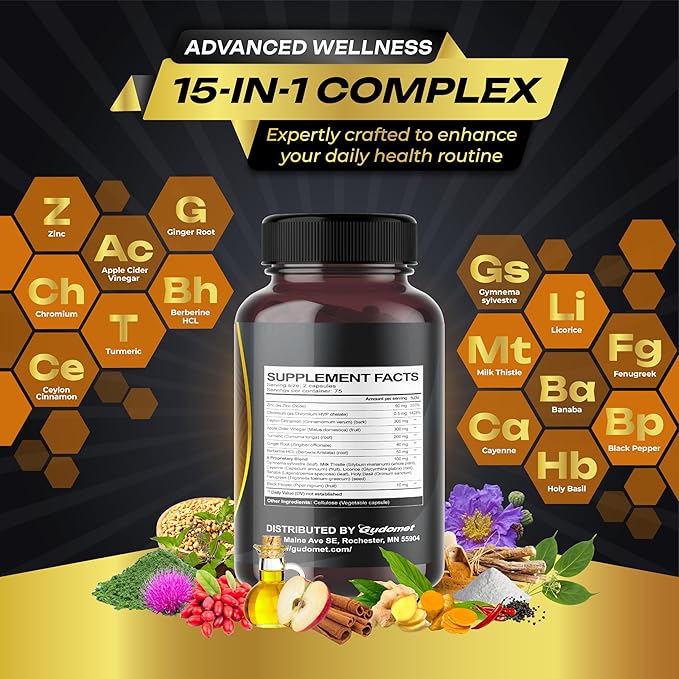 Ceylon Cinnamon Apple Cider Vinegar Turmeric Ginger Root Berberine Gymnema sylvestre Milk Thistle Licorice -150 Capsules- Made in USA