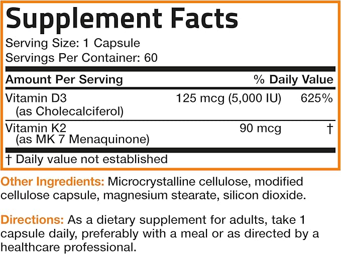 Bronson Vitamin K2 D3 (MK7) Supplement Non-GMO Formula Vitamin D3 5000IU (125 mcg) & 90 mcg K2 MK-7, Easy to Swallow D & K Complex, 60 Capsules