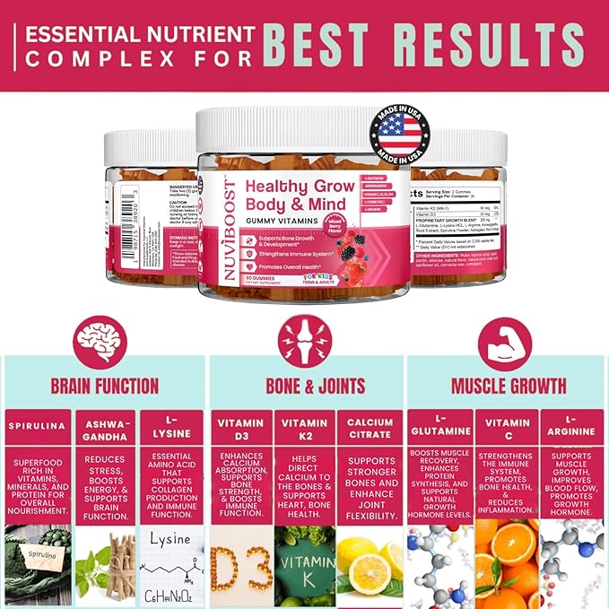 Healthy Grow Height Growth Gummies Rich in Calcium, Vitamins C, D3, K2, L-Arginine, Ashwagandha, and Others, Boost Bone Health & Immunity, Multivitamin, for Kids 5+, Teens and Adults.