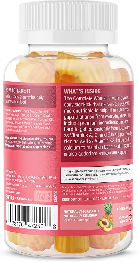 Complete Women's Multi - with Boron, Vitamin K2, B12, A and More for Women Health - Easy to Chew - Non GMO, Gluten Sugar Free - Pineapple & Peach Flavored Gummy Vitamins, 60 Count