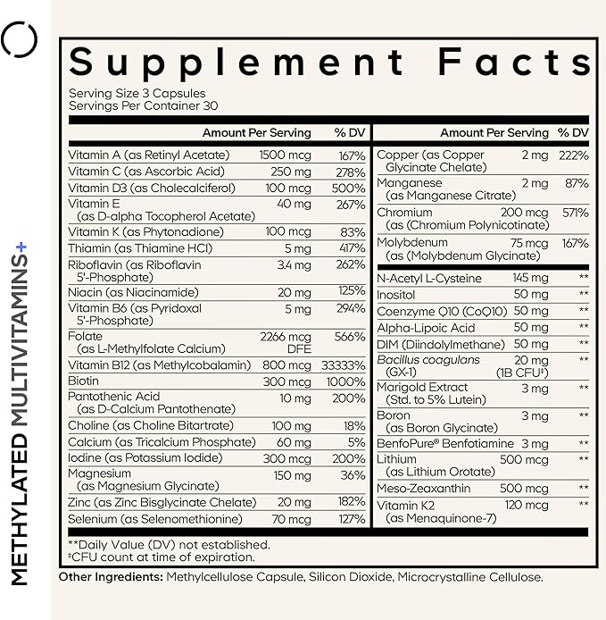Codeage Methylated Multivitamin Supplement - B-Vitamin, Vitamins A, C, D, E, K2, B12 Methylcobalamin - L-Methylfolate - Magnesium, CoQ10, DIM, Probiotics, Benfotiamine, Lithium, Calcium - 90 Capsules