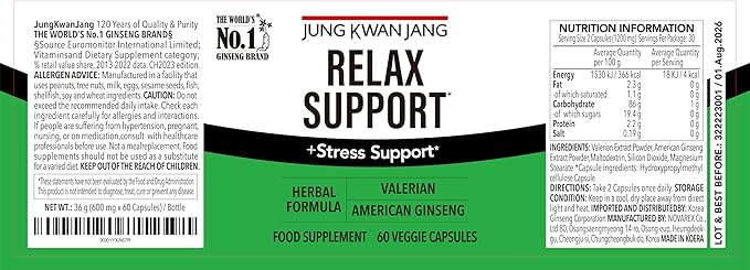 JungKwanJang Relax with Valerian Root (1,000mg) and American Ginseng (143mg) for Relaxation Support and Better Sleep, 60 Herbal Capsules for Men and Women