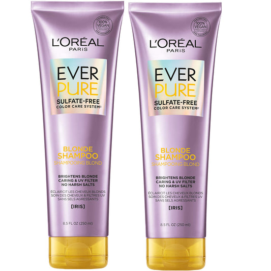 L'Oreal Paris EverPure Blonde Sulfate Free Shampoo for Color-Treated Hair, Neutralizes Brass + Balances, For Blonde Hair, 2 Count (8.5 Fl; Oz each) (Packaging May Vary)