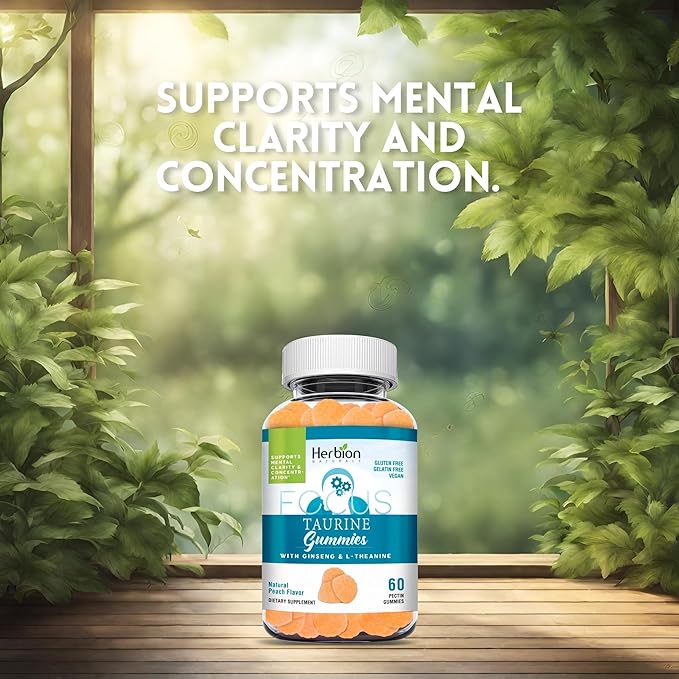 HERBION Naturals Taurine Gummies with Ginseng, L-Theanine, Vitamin C, B3, B6, & B12, Helps Support Mental Clarity & Concentration*, Natural Peach Flavor, Gluten-Free, 60 Pectin Gummies, Made in USA