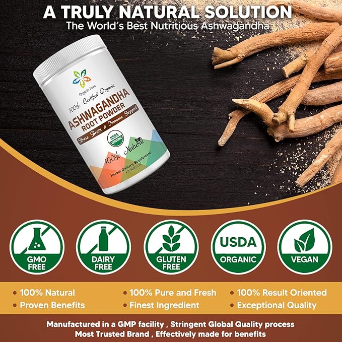 Certified Organic Ashwagandha Root Powder 8Oz -1/2Lb. Enhances Overall Health. 100% Pure Natural Herbal Supplement. No GMO. Gluten Free. Raw, Fresh and Original Withania somnifera.