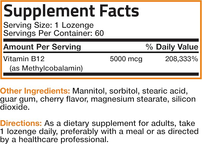 Bronson Methyl B12 5000 mcg Vitamin B12 Methylcobalamin Energy & Brain Support 60 Lozenges