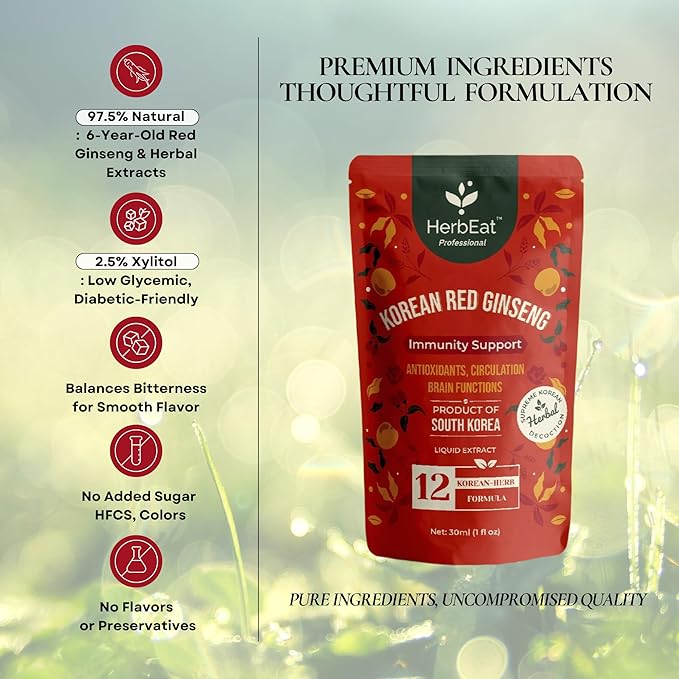 Korean Red Ginseng Prime Extract with 11mg Ginsenosides - Boost Energy, Memory & Immunity, 6-Year-Old Ginseng Drink for Circulation & Skin -10 Pouches (30mL *10)
