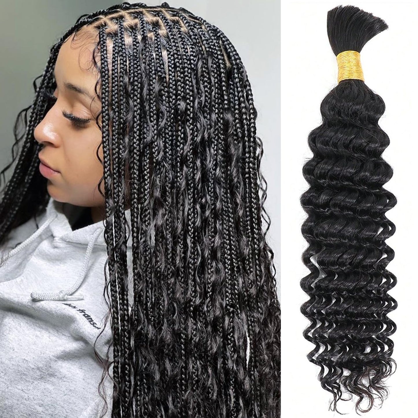 Human Braiding Hair Deep Wave Bulk Human Hair for Braiding 1 Bundle No Weft 10A Brazilian Virgin Curly Human Hair Extensions for Boho Braids Wet and Wavy Human Hair Braiding Hair 50g(20 inch)