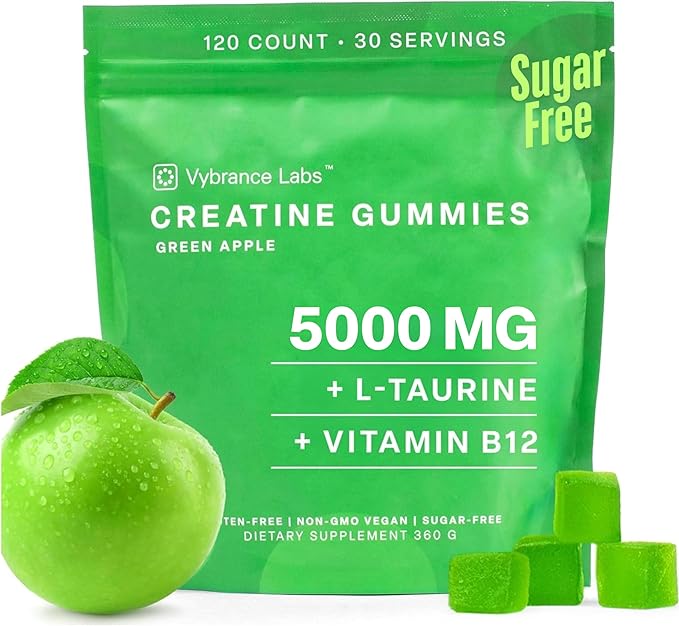 Creatine Monohydrate Gummies for Women & Men - 5g Creatine with Taurine & B12 for Energy, Muscle & Focus | Vegan, Sugar Free, Gluten-Free | Creatine Monohydrate | 120 ct Green Apple