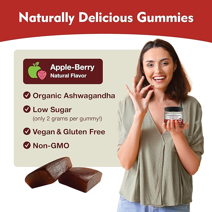 KSM-66 Ashwagandha Gummies - 600mg Organic Root Extract per Serving - Delicious Natural Apple-Berry Flavor | Supports Relaxation, Focus, & Energy (60 Gummies)