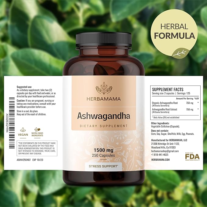HERBAMAMA Ashwagandha Capsules - 1500mg Pure Ashwagandha Root for Relaxation & Mood Support - Vegan, Non-GMO Focus & Calming Supplement for Adults, 250 Caps