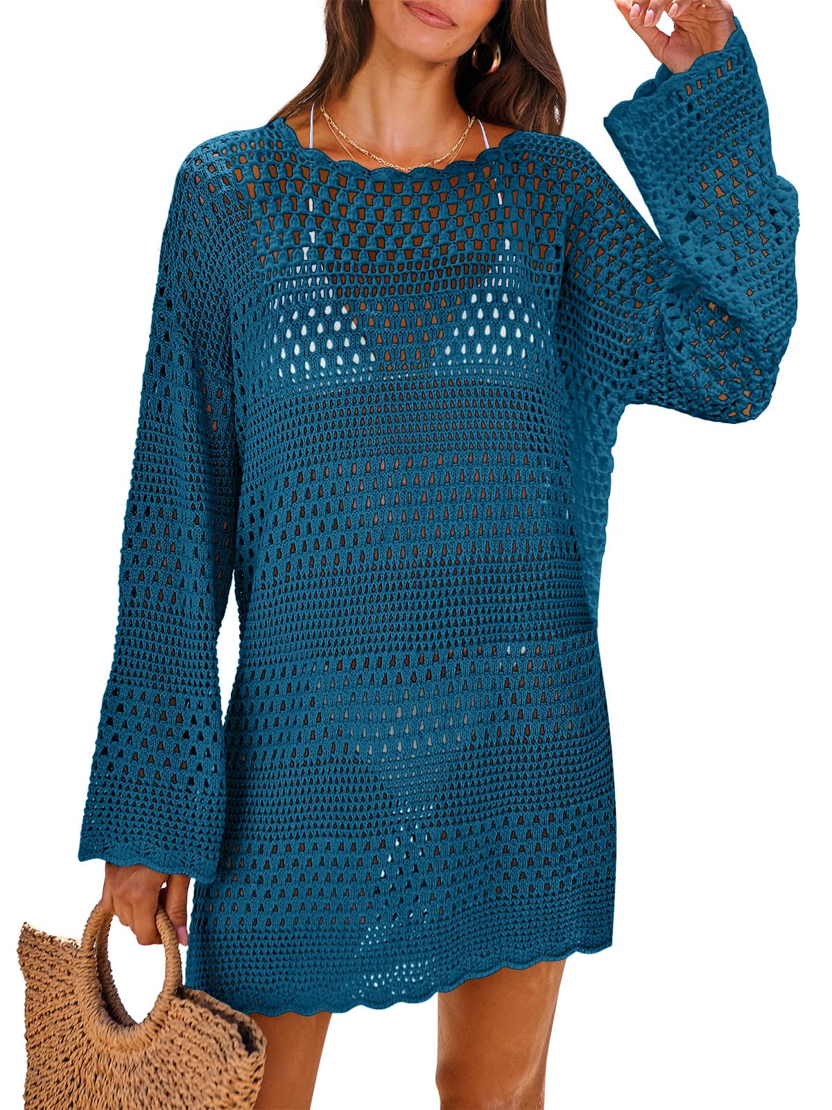 ANRABESS Women Swimsuit Crochet Swim Cover Up 2024 Summer Bathing Suit Swimwear Mesh Knit Beach Dress Vacation Outfits Cyan Small