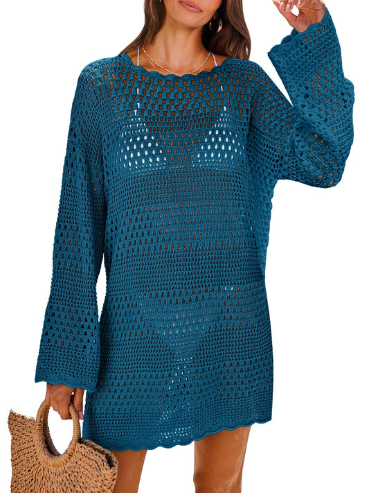 ANRABESS Women Swimsuit Crochet Swim Cover Up 2024 Summer Bathing Suit Swimwear Mesh Knit Beach Dress Vacation Outfits Cyan Small