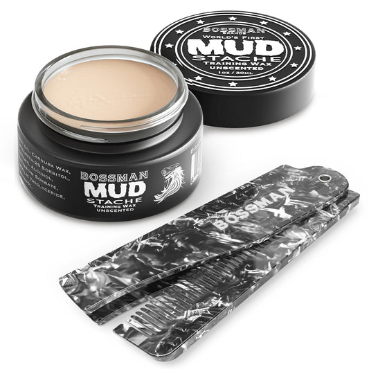Bossman MUDstache Unscented Mustache Wax for Men & Acetate Folding Comb - Styling and Grooming Combo