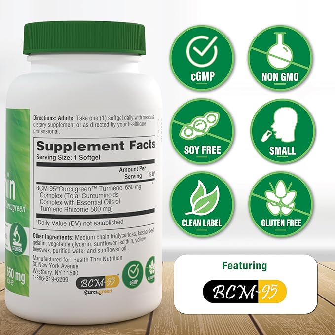 Health Thru Nutrition Curcumin 650mg BCM-95 Curcugreen | Turmeric Curcumin Complex | High Absorption | Healthy Inflammation Response | Clinically Studied | 3rd Party Tested | Non-GMO (Pack of 60)
