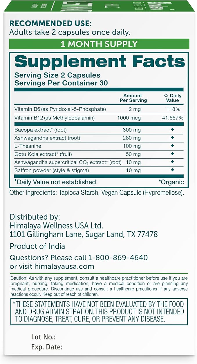 Himalaya Hello Alert Mind with L-Theanine, Ashwagandha, Bacopa, Vitamin B6 & B12, for Energy, Focus & Attention, Vegan, Gluten Free, 60 Capsules