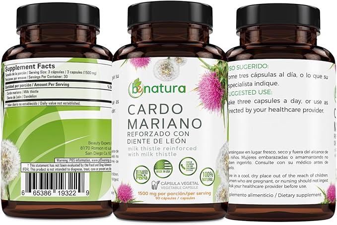Cardo Mariano reforzado con diente Leon (Milk Thistle Reinforced with Milk Thistle) 90 Vegetable Capsule 1500 mg per Serving, Root Liver Health Support, Antioxidant Support, 100% Natural, Made in USA